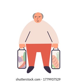 vector illustration old man walking from the store with shopping bags. Old father with gray hair shopping. Active healthy aging concept. trending isolated flat character senior grandfather