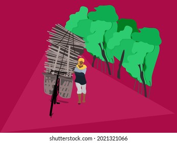 vector illustration of an old man walking riding a bicycle carrying wood. on a green tree background. Red