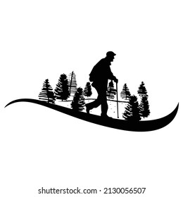 Vector illustration of old man walking in the forest black and white