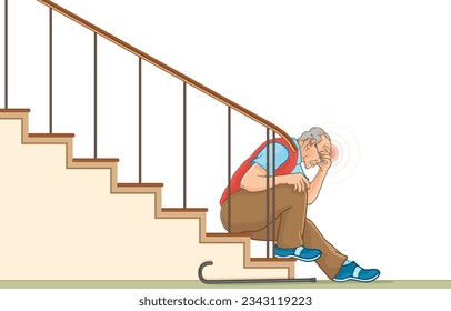 Vector illustration of old man wearing glasses walking with cane suffers from headache while walking downstairs,sitting on stairs with dizziness,isolated on white,Health care, safety of elderly.