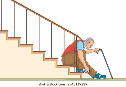 Vector illustration of old man wearing glasses walking with cane suffers from pain,numbness toes while walking downstairs,sitting on way down stairs.isolated on white.Health care,safety of elderly.