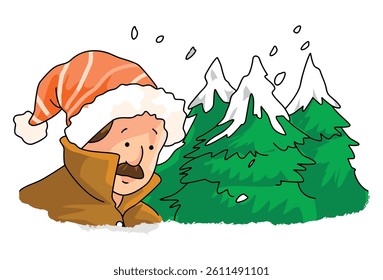 Vector illustration the old man in wearing a hat from the cold