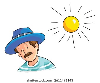 Vector illustration the old man in wearing a hat from the heat