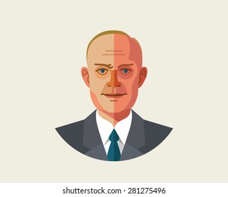 Vector illustration of an old man who can be a businessman in a suit, tie and shirt in trendy flat style on a white background. Scientist Eisenhower