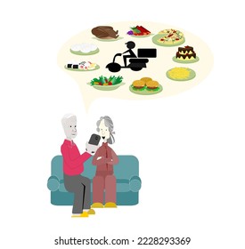 Vector Illustration old man and old woman sitting on the sofa watching the mobile.Grandparents are delivering food online.Technology Learning for the Elderly.