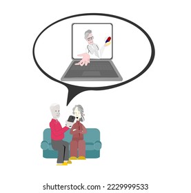 Vector Illustration old man and old woman sitting on the sofa watching the mobile.Grandparents use online medical services.Technology Learning for the Elderly.