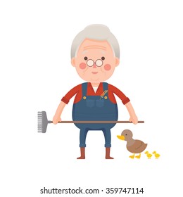 Vector Illustration of Old man working in Farm with fork in Hand, Ducks, Cartoon Character