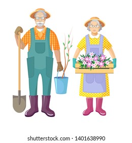 vector illustration with old men and old woman in the garden.people in pattern clothes with bucket,spade and box of flowers in hands