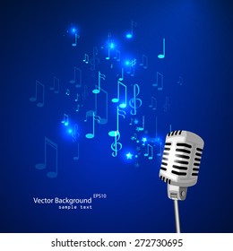 Vector illustration of an old microphone and musical notes.