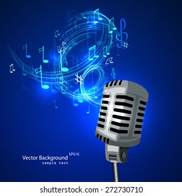 Vector illustration of an old microphone and musical notes.