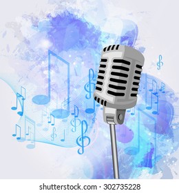 Vector illustration of an old microphone and musical notes.