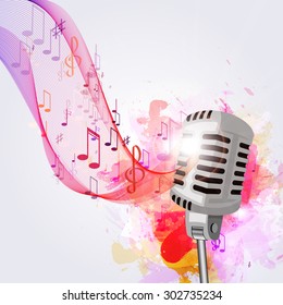 Vector illustration of an old microphone and musical notes.