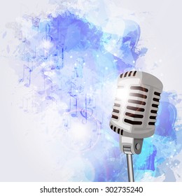 Vector illustration of an old microphone and musical notes.