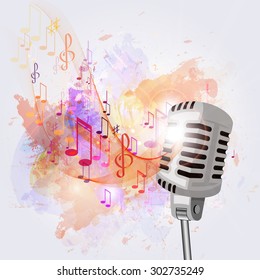 Vector illustration of an old microphone and musical notes.