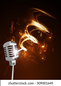 Vector illustration of an old microphone and musical notes.