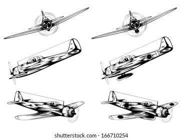 Vector illustration of old military planes and planes of kamikaze