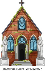 Vector illustration of old moss-covered brick chapel with stained glass windows and stone statues
