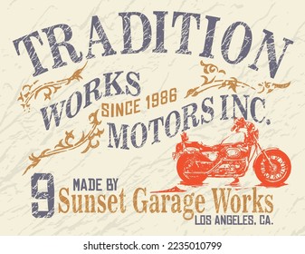 Vector illustration of old motorcycle silhouette and lettering. Art with text alluding to the garage.