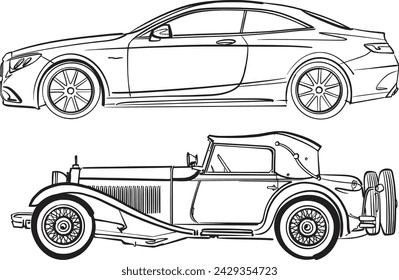ilustración vectorial del coche viejo y nuevo