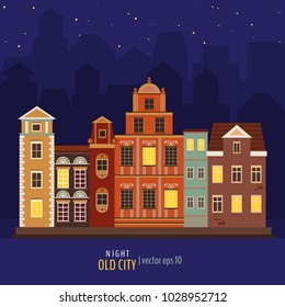 Vector illustration of old night city. Cute colorful buildings. Vector illustration for your graphic design.