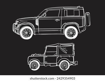 ilustración vectorial del viejo todoterreno y el nuevo coche todoterreno