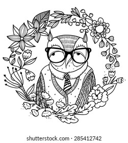 vector illustration of an old owl with abstract floral wreath