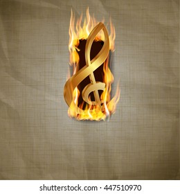 Vector illustration of old paper background with a fiery explosion and a gold treble clef.