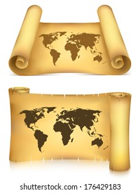 Vector illustration of old paper with map  isolated on white.