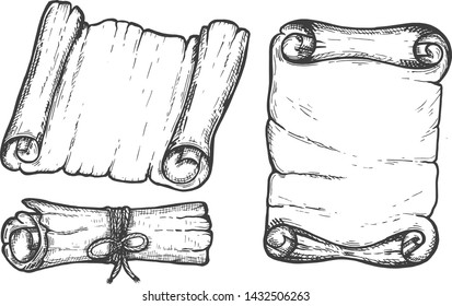 Vector illustration of old paper or papyrus letter scrolls set. Ancient vintage antique scrolled papyrus manuscript, retro page, papersheet, document. Vintage hand drawn style.