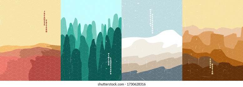 Vector illustration. Old paper with scratches effect. Desert, green forest, mountain, hills. Hand drawn Japanese pattern. Vintage nature color graphic. Travel, adventure tourism and hiking design