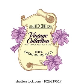 Vector illustration of old paper scroll . Retro scroll of paper with blooming flowers in hand drown line style , isolated on white background. Detailed decorative unique authentic vector illustration