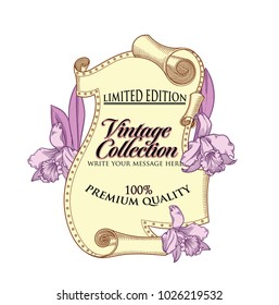 Vector illustration of old paper scroll . Retro scroll of paper with blooming flowers in hand drown line style , isolated on white background. Detailed decorative unique authentic vector illustration