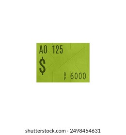 Vector illustration of an old paper sticker with a green background. The sticker features a dollar sign, the text AO 125 and RP 6000 . Vintage design ideal for price tags, labels, or posters.