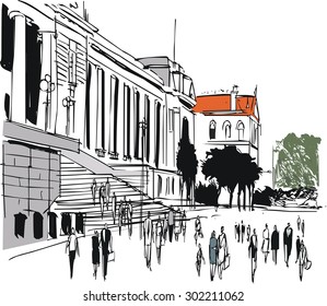 Vector illustration of old Parliament buildings and pedestrians, Wellington New Zealand