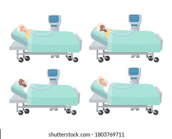 Vector illustration of old people lying in hospital bed with oxygen mask and ventilator isolated on white. Men and women in reanimation during coronavirus infection used for magazine, web-pages.