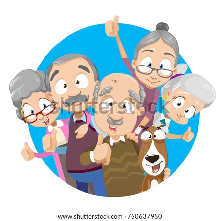 Vector illustration of old people showing thumbs up. Group of senior friends on blue circle background