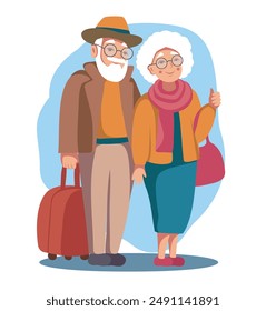 Vector illustration Old People's Day holiday cartoon smiling elderly old people husband and wife man and woman with luggage suitcases going on a trip. Tourism. Isolated on white background