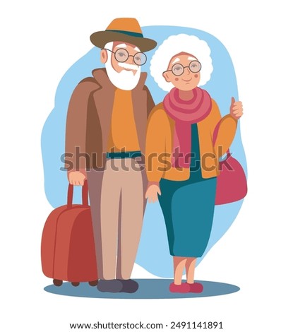 Vector illustration Old People's Day holiday cartoon smiling elderly old people husband and wife man and woman with luggage suitcases going on a trip. Tourism. Isolated on white background