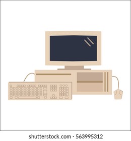 Vector illustration of old personal computer with mouse and keyboard used in 90s isolated on white background.