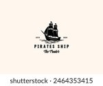 Vector illustration of Old Pirate Ship or Classic Merchant Sailing Vessel Boat on ocean sea waves for vintage nautical label logo