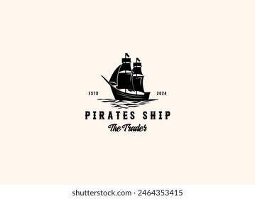 Vector illustration of Old Pirate Ship or Classic Merchant Sailing Vessel Boat on ocean sea waves for vintage nautical label logo