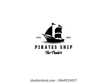 Vector illustration of Old Pirate Ship or Classic Merchant Sailing Vessel Boat on ocean sea waves for vintage nautical label logo