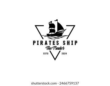 Vector illustration of Old Pirate Ship or Classic Merchant Sailing Vessel Boat on ocean sea waves for vintage nautical label logo