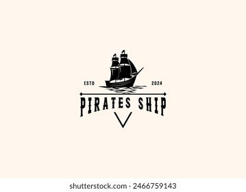 Vector illustration of Old Pirate Ship or Classic Merchant Sailing Vessel Boat on ocean sea waves for vintage nautical label logo