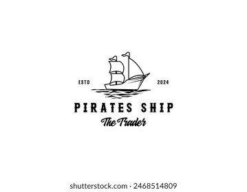 Vector illustration of Old Pirate Ship or Classic Merchant Sailing Vessel Boat on ocean sea waves for vintage nautical label logo