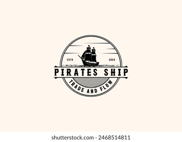 Ilustración vectorial de Barco Pirata Viejo o Barco de Vela Mercante Clásico en las olas del mar oceánico para el logotipo de etiqueta náutica vintage