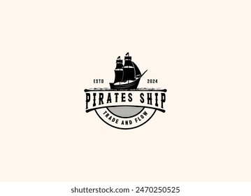 Vector illustration of Old Pirate Ship or Classic Merchant Sailing Vessel Boat on ocean sea waves for vintage nautical label logo