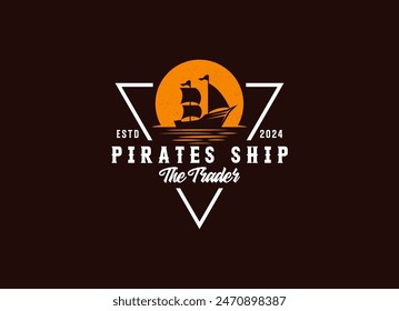 Ilustración vectorial de Barco Pirata Viejo o Barco de Vela Mercante Clásico en las olas del mar oceánico para el logotipo de etiqueta náutica vintage