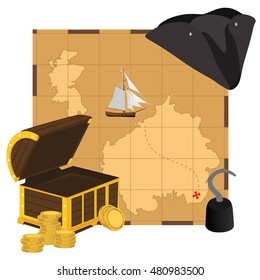 Vector illustration old pirate treasure map.  Pirate hat and hook. Chest and stack of golden coins. 