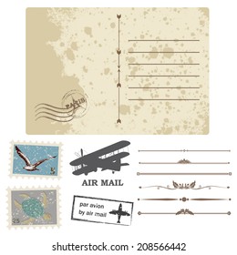 Vector illustration of an old postcard isolated on white with a set of stamps and dividers
